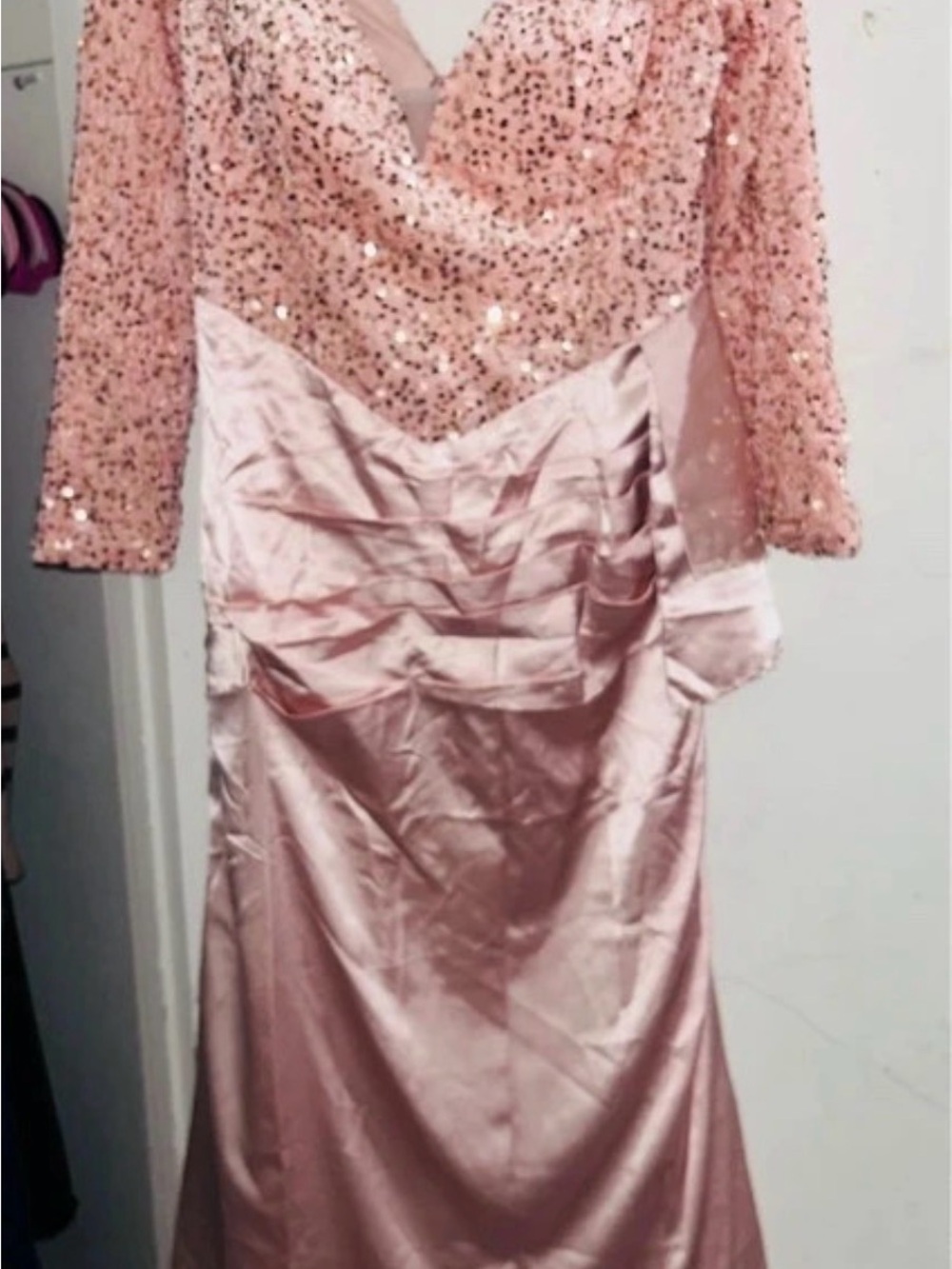 Pink Sequin Evening Gown with Satin Skirt